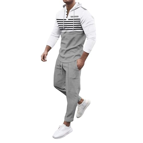 Sweatshirts Set for Mens 2 Piece Color Match Stripe Texture Long Sleeve Hoodies Hiking Pants Summer Athletic Clothes