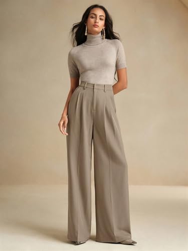 Image of KOTTY Women's High Waist Solid Color Hook and Bar Wide Leg Trousers Loose Comfort Trouser with Pockets
