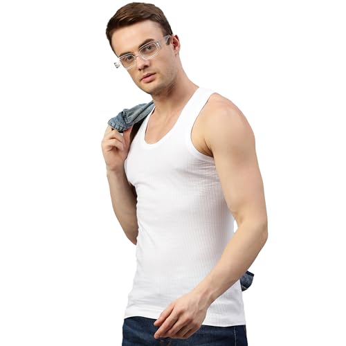 Image of Macho SPORTO Men's 100% Ribbed Cotton Sleeveless Vest | Solid Round Neck Tank Top Innerwear | Itch-Free, Soft & Comfortable Regular Fit Undershirt | Parka Vest | Pack of 3 White