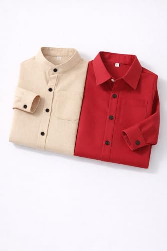 Image of Boys Mandarin Collar Shirt with Chest Pocket Beige and Rama Blue Color, Long Sleeve Button-Down Casual Shirt Pack of 2