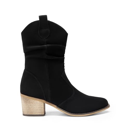 DREAM PAIRS DREAM PAIRS Women's Modern Western Cowboy Boots, Mid Calf Round toe Chunky Heel Cowgirl Country Ankle Boots with Pull On Tabs,Size 8.5,Black-Suede,SDMB2408W