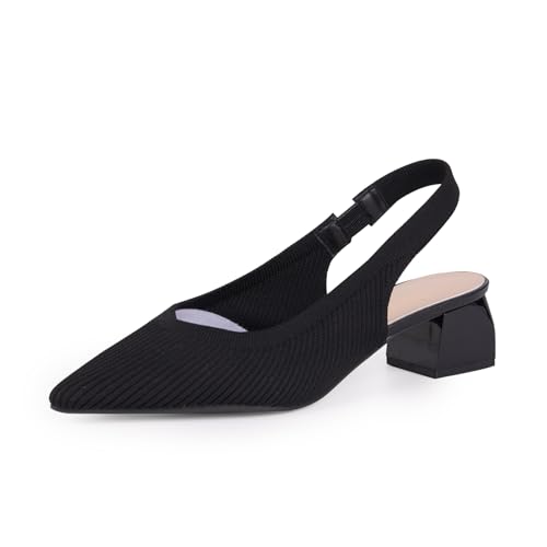 YEOJOU Slingback Heels for Women Comfortable Knit Closed Toe Kitten Heels Low Block Heel Pointed Toe Dress Shoes Work Pumps Black Size 9.5