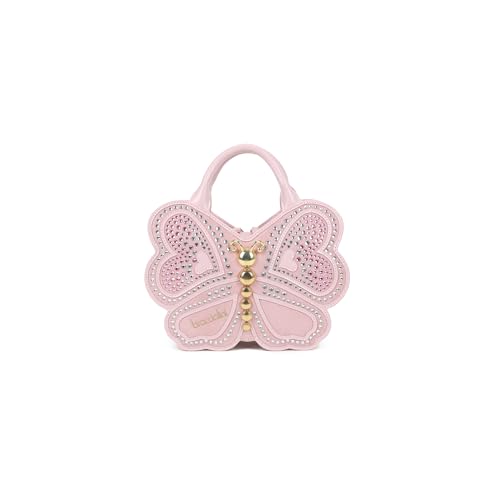 Borsa a mano in pelle a forma di farfalla, con doppi manici e tracolla regolabile e removibile. Un modello dalla costruzione semirigida che conquista al primo sguardo grazie alla sua silhouette unica e alla raffinata lavorazione frontale. Il corpo centrale in metallo dorato si unisce alle ali decorate da strass in gradazione di rosa, cuori applicati e profili traforati, per un effetto brillante e ricercato. Un accessorio poetico e fuori dagli schemi, pensato per chi ama la moda che racconta una storia di leggerezza, fantasia e femminilità.