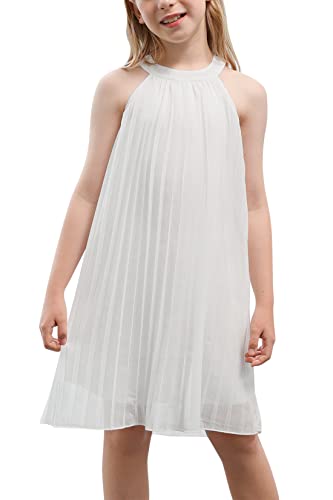 Gorlya Flower Girls Halter Neck Cold Shoulder Chiffon Pleated Shift Swing Dress For 4-14T(Gor1126,12Y,White) #TOP3