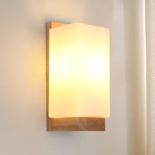 Mckalen Aplique de Pared Interior Moderno, Lámpara de Pared Interior de Madera E27, Simple Luz de Pared con Pantalla de Vidrio para Dormitorio Pasillo Escalera Sala de Estar（Excluyendo Bombillas）
