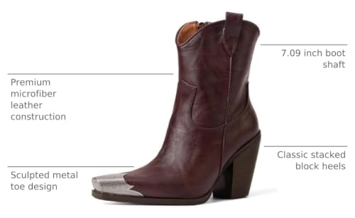 Image of Cowboy Ankle Boots for Women Engraved Steel Toe Cowgirl Boots Stacked Block Heels Short Cowboy Boot Fashion Dressy Western Country Booties