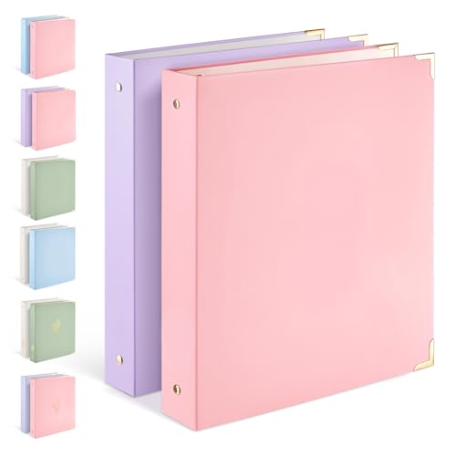Sooez 2 Pack 3 Ring Binder with Metal Corners Cute 1 Inch Binders Fits 175 Sheets of Paperwork Three Ring Recipe Binder with Pocket for Women School Office Supplies 8.5 x 11 Pink & Purple