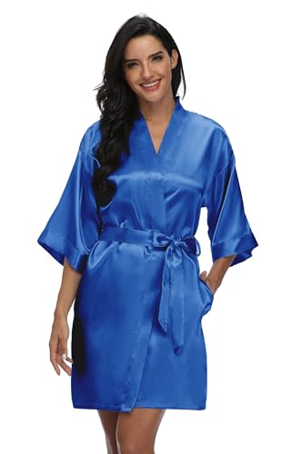 image for Super Shopping-zone Women's Royal Blue Satin Kimono Robe, Short Bridal