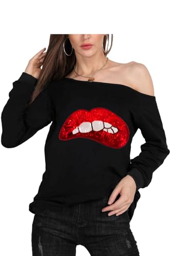 Image of MAGICMK Woman's Sweatershirt Lips Print Causal Blouse Off The Shoulder Long Sleeve Loose Slouchy Pullover Plus Size Tops