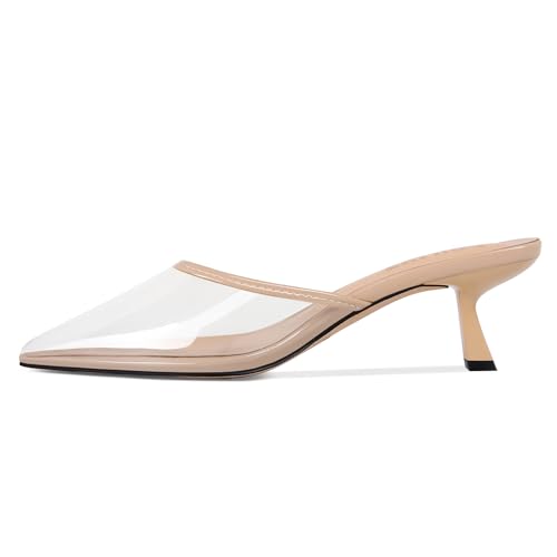 Fericzot Women Mesh Kitten Heel Mules-Slip on Backless Slides Pointed Closed Toe Low Stiletto Heels Wedding Party Daily Dress Shoes Clear Nude 8.5 by Fericzot - Image 2