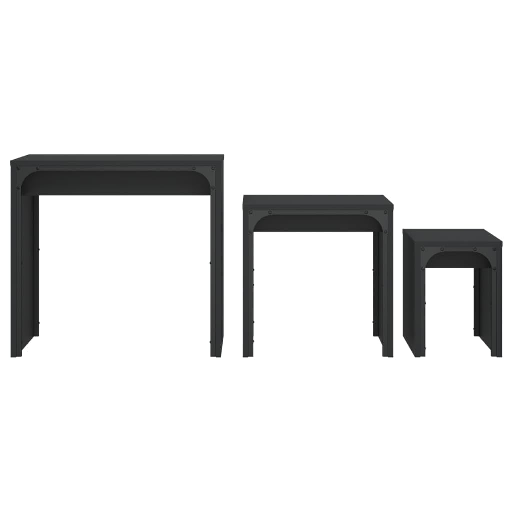 Juego de 3 Mesas Nido, Material Madera de Ingeniería y Metal, Diseño Industrial Apilable, Multifuncional y Compacto, Mesa Auxiliar Sofá, Muebles de Salón, Color Negro, 60x35x56 cm