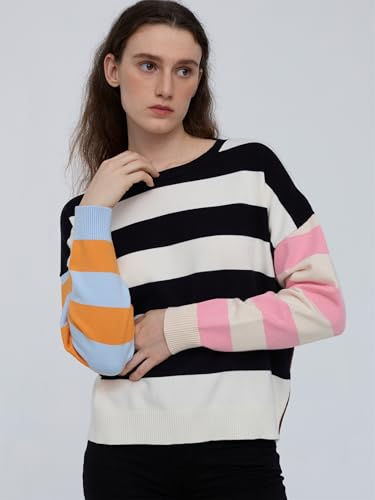 Image of Oversized Striped Sweater Women Color Block Batwing Sleeve Pullover Sweaters Fall Crewneck Knit Tops