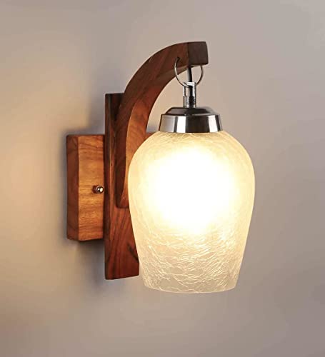 Image of Fosted Blur Glass with Brown Wooden Polished Wall Light for Living Room I Night Lamp for Bed Room (Bulb Not Include)