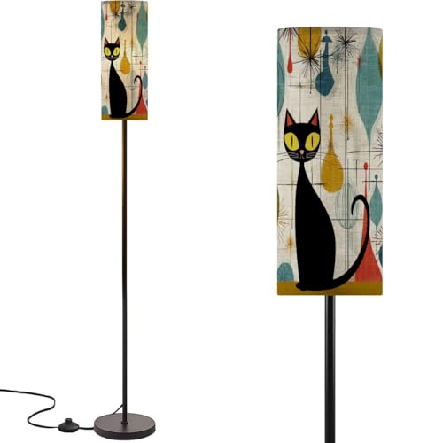 Modern Standing Lamps Mid Century Retro Atomic Starburst Modern Abstract Geometric Black Cat Floor Lamp Metal Pole Lamp with Linen Lampshade for Bedroom Living Room Office Nursery Reading Foot Switch