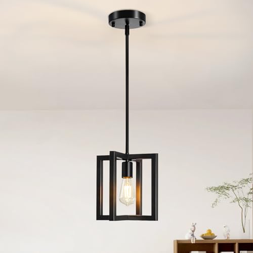 Pendant Light, Adjustable Height Farmhouse Pendant Light Fixtures, 1-Light Black Hanging Light Fixture for Flat&Sloped Ceiling, Metal Frame Pendant Lighting for Kitchen Island Dining Room Entryway