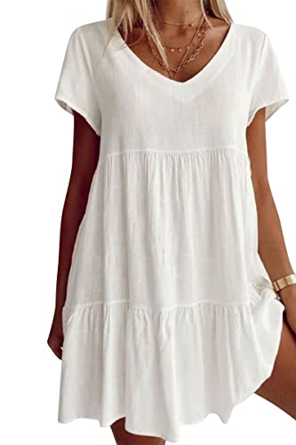 Image of Fangetey Women's V-Neck Tunic Dresses Short Sleeve Button Down Loose Casual Summer Short Flowy Swing Dress 0-White Large