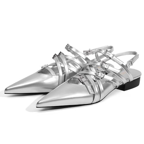 Image of Women's Flats Ballet Ballerina Pointed Toe Slingback Flats with Strap Low Heel Fashion Buckle Dress Work Casual Shoes for Women