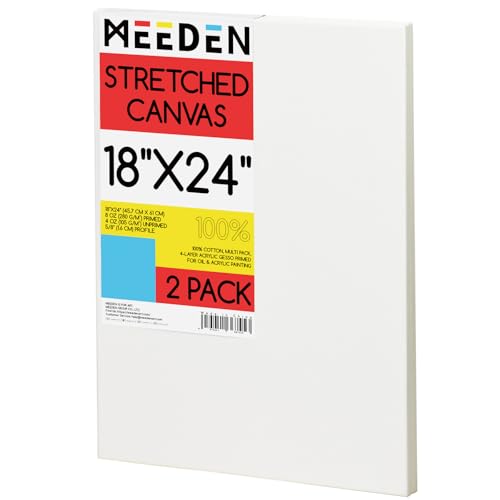 MEEDEN Stretched Canvas, 18  24 Inch, Pack of 2, Blank White Canvases for Painting, 100% Cotton, 14 oz Gesso-Primed, Pre-Stretched Canvas for Acrylic Oil Pouring & Airbrushing Painting