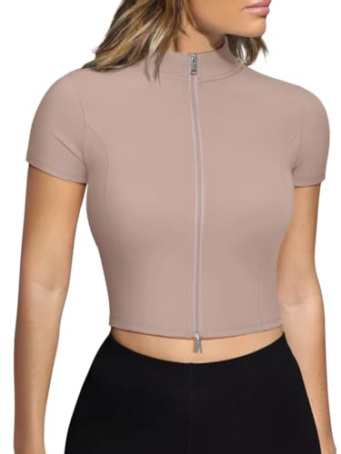 LASLULU Womens Cropped Workout Jackets Gym Tops Short Sleeve Zip up Athletic Jackets Running Yoga Ligthweight Jacket Fitness Clothing (Sienna, Medium)