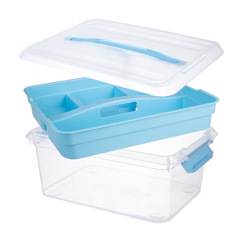 Image of 20 QT Plastic Storage Box with Removable Tray, Portable Craft Organizers and Storage Bins with Lid, Clear Art Storage Container for Organizing Sewing, Crayon, Tool, Playdoh (Blue)