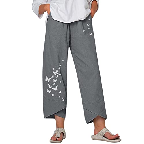 Image of Cotton Linen Capri Pants for Women 2025 Casual Printed Cropped Palazzo Pants Elastic Waist Lounge Baggy Trousers