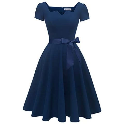 Girstunm Women's Classic Tea Dress Short Sleeve Swing Cocktail Party Dresses with Pockets Navy Blue L Cover
