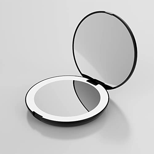5 Inch Lighted Compact Mirror, 1X/5X Magnifying Mirror, Travel Makeup Mirror With Led Lights, Double Sided Folding Mirror, Portable, Daylight (Black) #TOP2