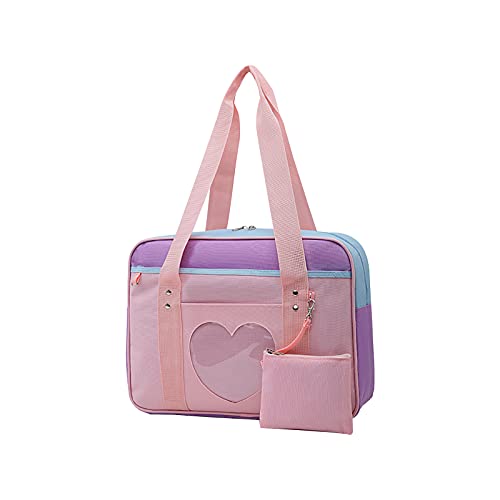 Ita Bag Heart Japanese Bag, Large Canvas Kawaii Heart Shape Window Japanese School Shoulder Bag, JK Bag Handbag for Girls. (pink purple mixed color)