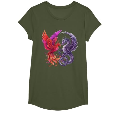 Mystical Phoenix and Dragon Swirl Yin Yang Design Men Women T-Shirt, Girls, Olive Green, X-Small