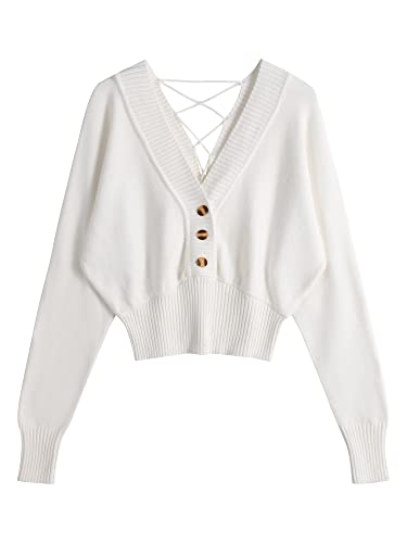 Image of ZAFUL Women V Neck Button Knit Crop Sweaters Batwing Sleeve V Back Ribbed Hem Pullover Sweater