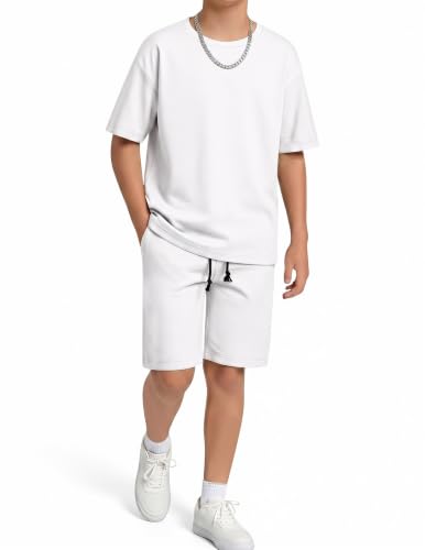 Image of Arshiner Boys Drop Shoulder T-Shirt & Drawstring Waist Shorts Summer Casual Outfits (5-12 Years)