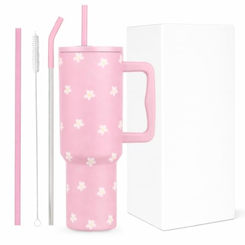 Image of Stainless Steel 1200 ml Vacuum Tumbler with Lid & Straw - Double‑Wall Insulated Cup for Travel, Gym & Office - Keeps Beverages Hot or Cold - 1.2 L Capacity (Pink Tiny Flower)