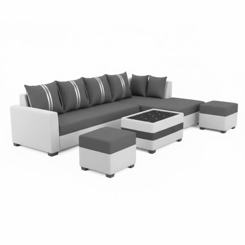 Image of FURNY Stylio 8 Seater Fabric RHS L Shape Sofa Set with 1 Centre Table & 2 Ottoman (Dark Grey-Light Grey) | Premium Velvet Finish | Durable & Comfortable Ideal for Living Room