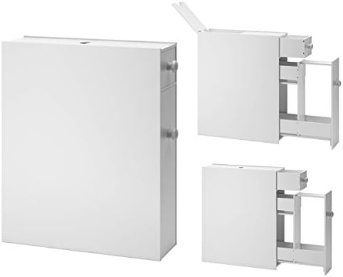 Multigot Bathroom Slim Floor Cabinet, Wooden Toilet Paper Organizer Unit with Drawers, Narrow Free Standing Cupboard (White)