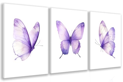 Image of GELDSTEI Dreamy Butterfly Canvas Wall Art, Whimsical Purple Animal Picture Wall Decor, Minimalist Butterfly Aesthetic Pictures, Cute Animal Poster Prints for Nursery Girl Room Framed Set of 3, Each 12x16 Inch
