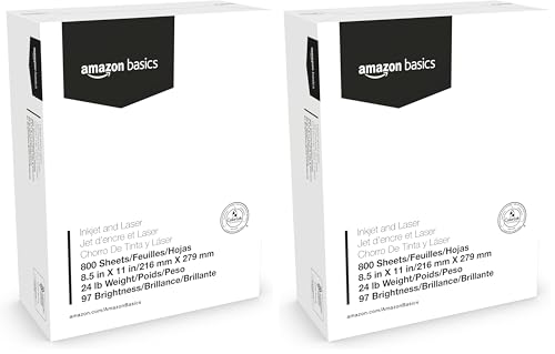 Amazon Basics Multipurpose Copy Printer Paper, 8.5 x 11 Inches, 24 lb Weight, 97 Brightness, White, 800 Sheets (1 Mega Ream), for Inkjet and Laser, Copy & Print (Pack of 2)