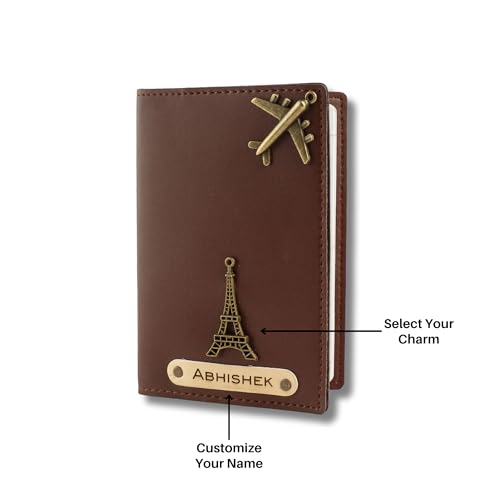 Image of AICA Personalised Name & Charm Leather Passport Cover Holder for Men & Women (Darkbrown) | Gifts for Men