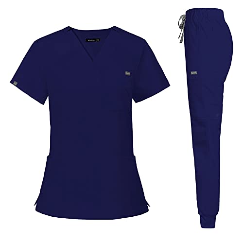 niaahinn Classic Scrub Set for Women- Scrubs Top Workwear & Yoga Jogger Scrub Pants Nursing Uniform (Navy Blue, XXL)