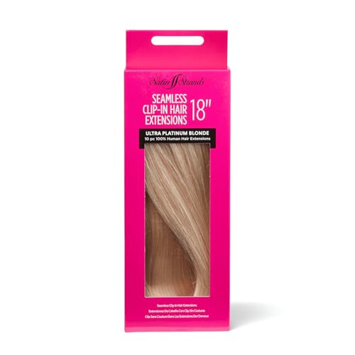 Satin Strands 18 Inch Ultra Platinum Seamless Clip in Hair Extensions, 100% Human Hair, Add Length and Volume