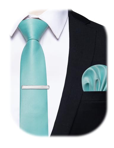 Image of YourTies Skinny Ties for Men Satin 2.4 inch Slim Necktie with Pocket Square Tie Clip Set Solid Color Wedding Party Business
