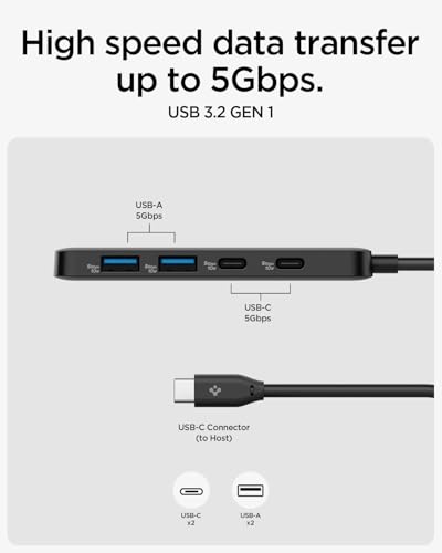 Image of Spigen ArcDock 4-in-1 3.2 Gen 1, Type-C Hub with Multi Port (2 x USB-A 5Gbps, 2 x USB-C 5Gbps) for MacBook Neo /Air /Pro M1 /M2 /M3 and Laptops - Black