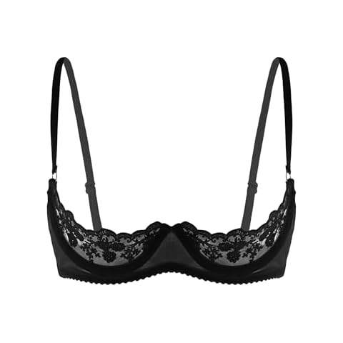 ACSUSS Womens Sheer Lace Lingerie 1/4 Cups Underwire Bras Bare Exposed Breast Push Up Bra Tops Black XX-Large Cover