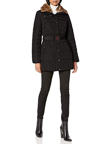 Nanette Lepore Women's Belted Puffer Coat with Faux Fur Collar, Black, Large