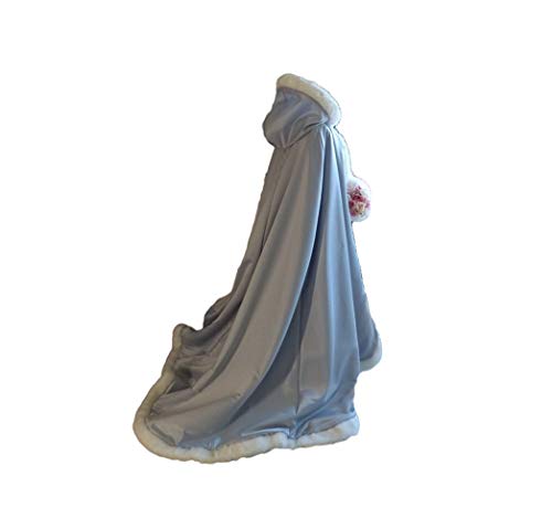 Fenghuavip Satin Cloak for Brides with Hood Fur Edge Wedding Cape Free Handmuff Light Blue