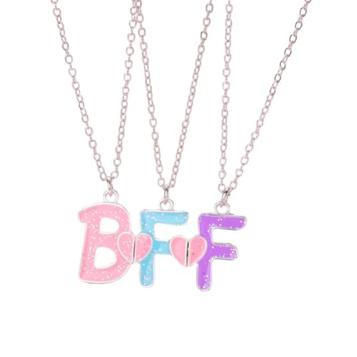 A-yeite BFF Letter Pendant Necklace Set of 3, Pink Blue Purple Enamel Glitter Matching Best Friends Forever Friendship Jewelry Gifts with Split Heart Charm, One Size, Metal, No Gemstone