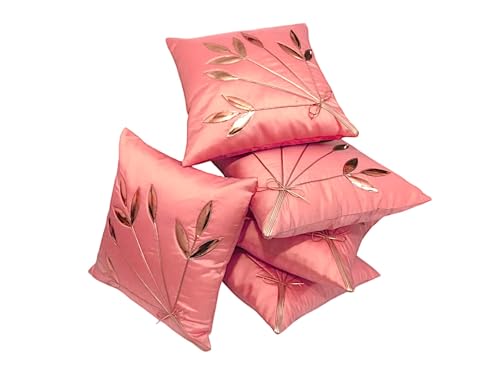 Image of Golden Floral Cushion Covers, 16x16 Inch, Set of 5 (Pink)