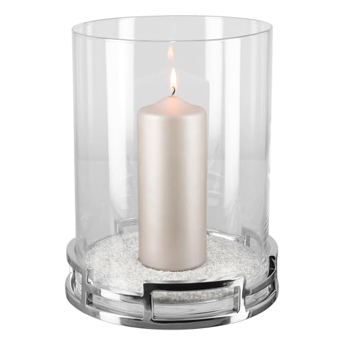 Fink rundes Windlicht 32 cm hoch Stumpenkerzenhalter mit Glas & Edelstahl-Sockel