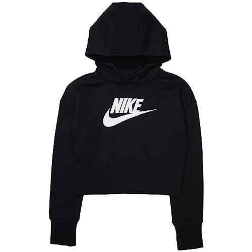 Nike Girl's Sportswear Club Fleece Crop Hoodie (Little Kids/Big Kids) Black/White L (14-16 Big Kid)