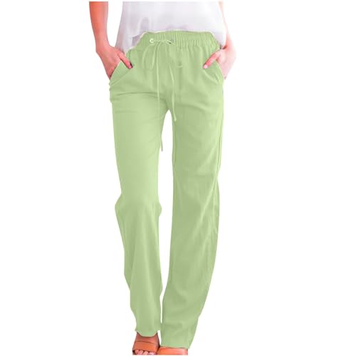 openpig Linen Pants Womens Summer Straight Leg Slacks Drawstring Elastic High WAIS Cropped Trousers with Pockets Pantsalon Yoga Femme Ample Green