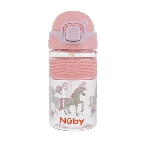 Nuby Thirsty Kids Flip-it Bolt Toddler Cup with Push-Button Locking Flip-Top, Free Flow Silicone Spout, Easy-Grip Band & Durable Base – Spill-Resistant Cup for Home or On-the-Go - Unicorn